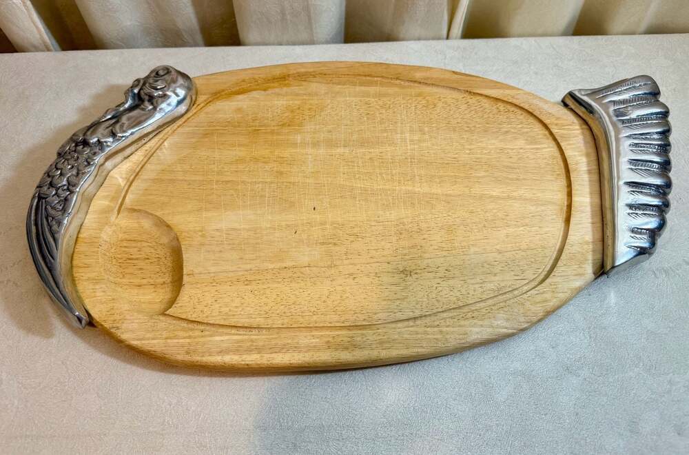 Vintage Wood and Aluminum Turkey-Shaped Serving Platter/Cutting Board